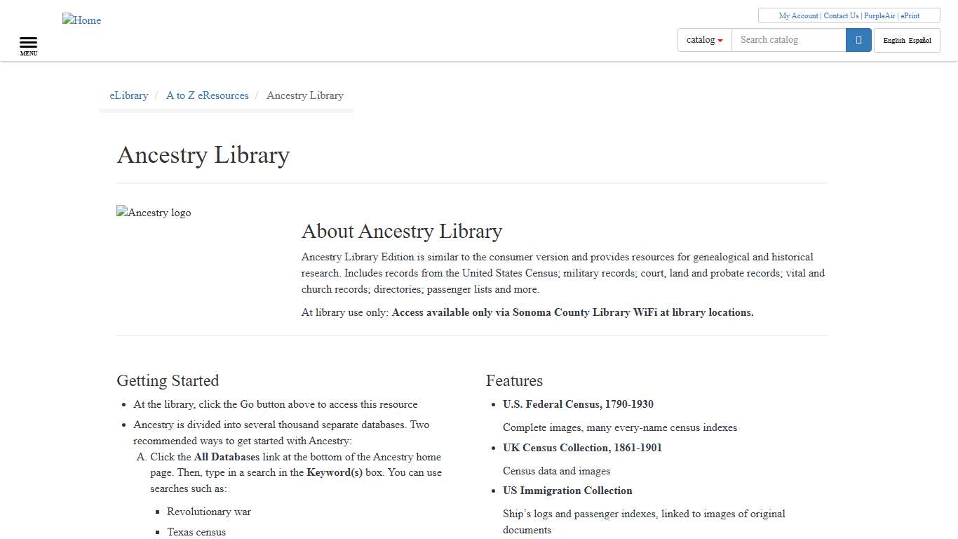 Ancestry Library Sonoma County Library