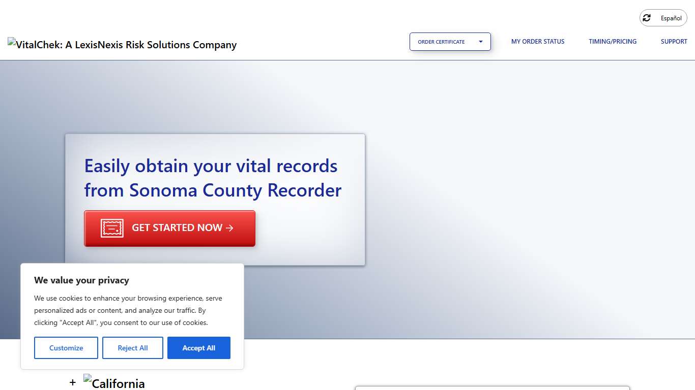 Sonoma County Recorder (CA) Order Certificates - VitalChek